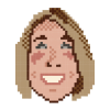 White female in mid-thirties with blue eyes and blonde hair in gaming pixel form